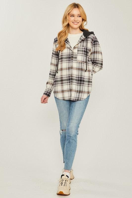 LOVE TREE Plaid Flannel Button Up Shacket with Hood - SwagglyLife Home & Fashion