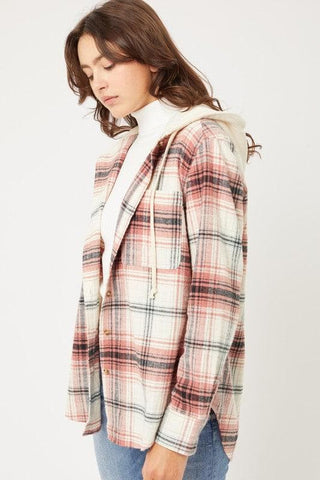 LOVE TREE Plaid Flannel Button Up Shacket with Hood - SwagglyLife Home & Fashion