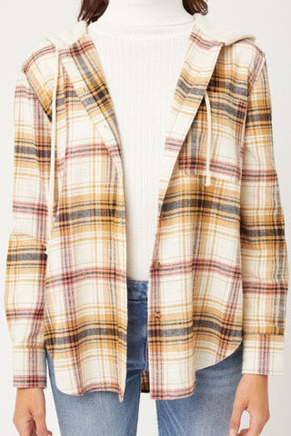 LOVE TREE Plaid Flannel Button Up Shacket with Hood - SwagglyLife Home & Fashion