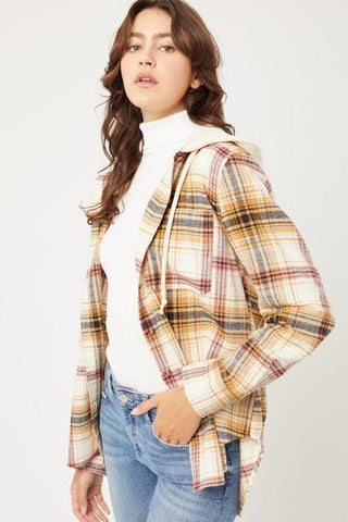 LOVE TREE Plaid Flannel Button Up Shacket with Hood - SwagglyLife Home & Fashion