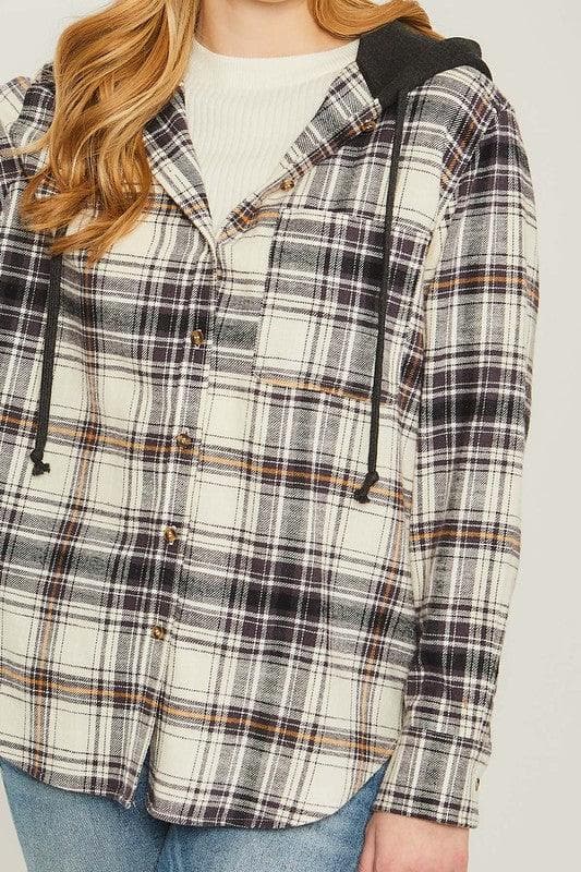 LOVE TREE Plaid Flannel Button Up Shacket with Hood - SwagglyLife Home & Fashion