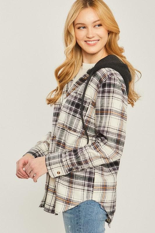 LOVE TREE Plaid Flannel Button Up Shacket with Hood - SwagglyLife Home & Fashion