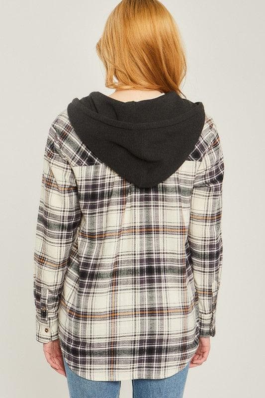 LOVE TREE Plaid Flannel Button Up Shacket with Hood - SwagglyLife Home & Fashion