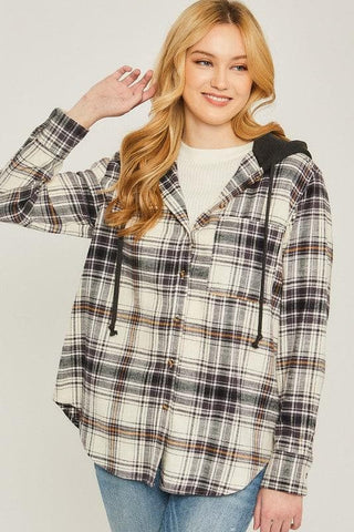 LOVE TREE Plaid Flannel Button Up Shacket with Hood - SwagglyLife Home & Fashion