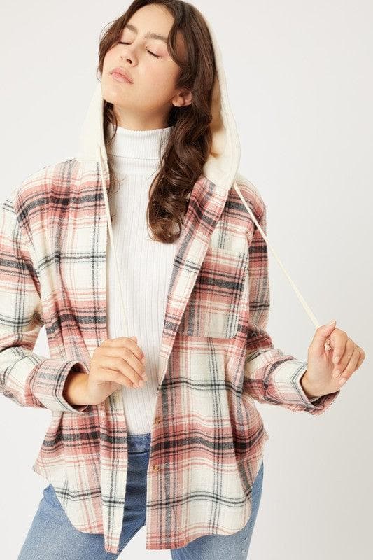 LOVE TREE Plaid Flannel Button Up Shacket with Hood - SwagglyLife Home & Fashion