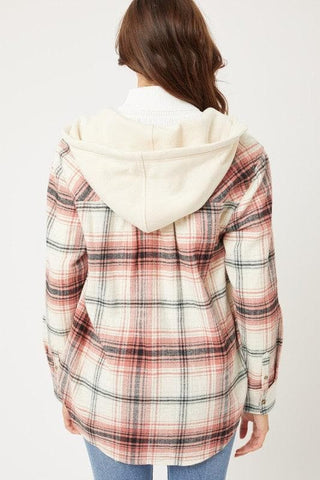 LOVE TREE Plaid Flannel Button Up Shacket with Hood - SwagglyLife Home & Fashion