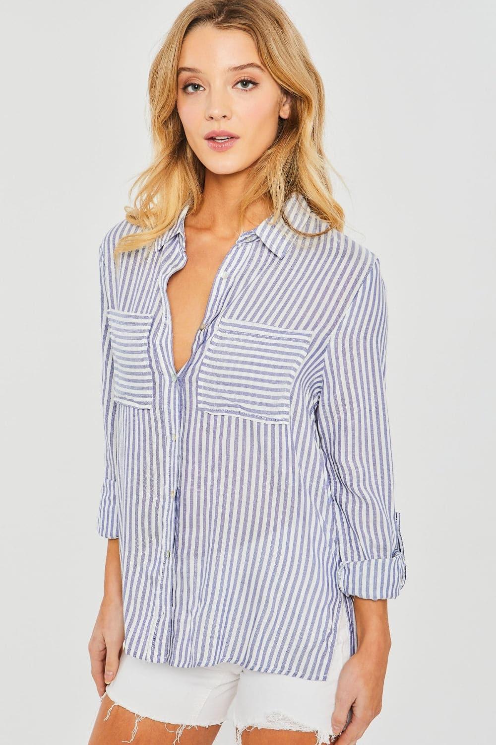 Love Tree Striped Collared Neck Long Sleeve Shirt - SwagglyLife Home & Fashion