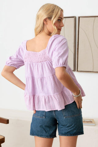 Loveriche Puff Sleeve Smocked Ruffle Hem Top - SwagglyLife Home & Fashion