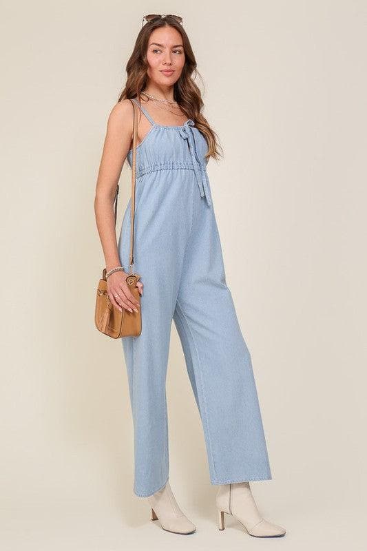 Lumiere Denim Blue Sleeveless Jumpsuit with Self Front Tie - SwagglyLife Home & Fashion