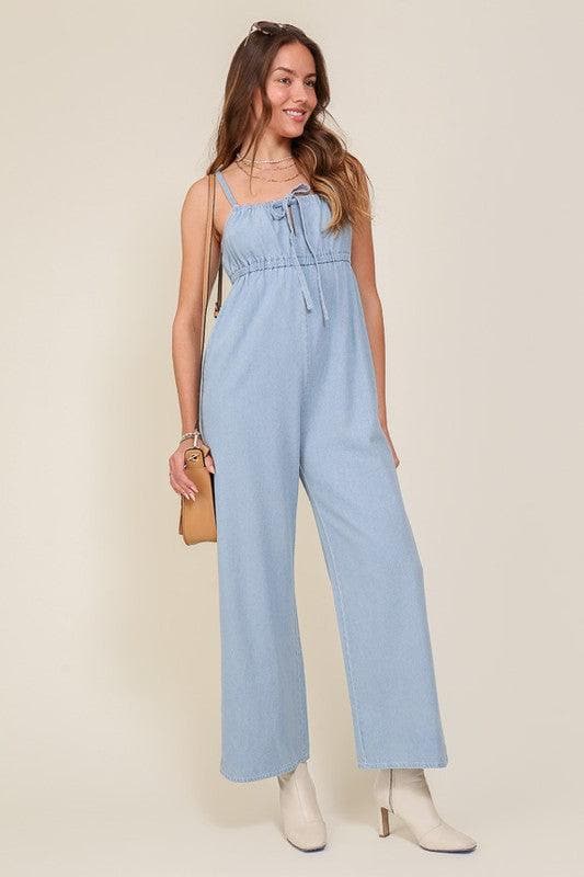 Lumiere Denim Blue Sleeveless Jumpsuit with Self Front Tie - SwagglyLife Home & Fashion