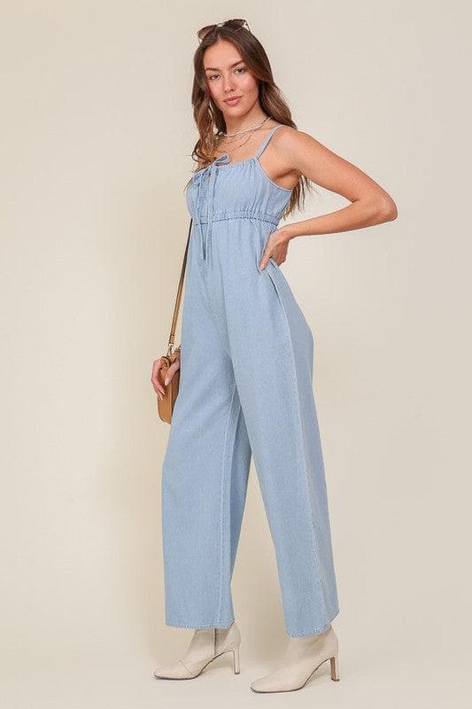 Lumiere Denim Blue Sleeveless Jumpsuit with Self Front Tie - SwagglyLife Home & Fashion