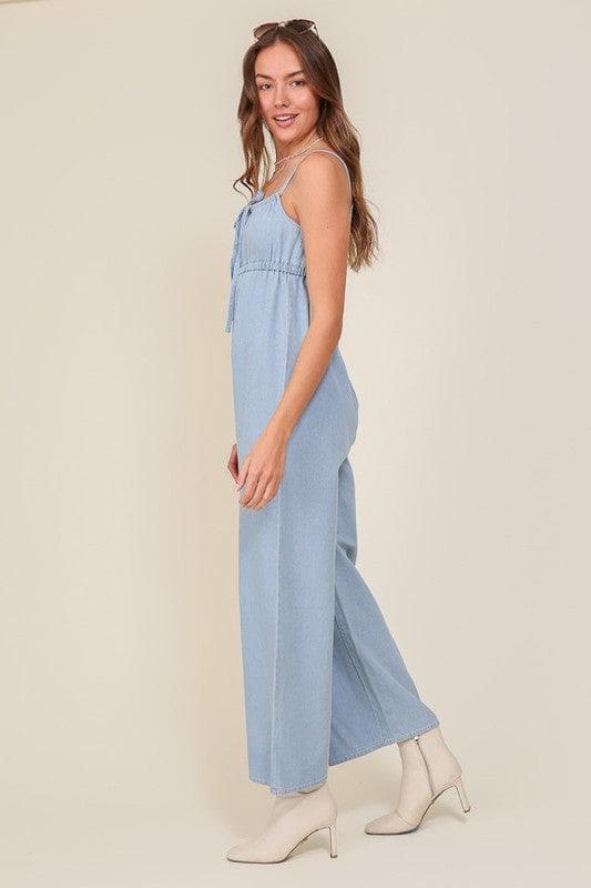 Lumiere Denim Blue Sleeveless Jumpsuit with Self Front Tie - SwagglyLife Home & Fashion