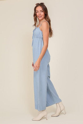 Lumiere Denim Blue Sleeveless Jumpsuit with Self Front Tie - SwagglyLife Home & Fashion