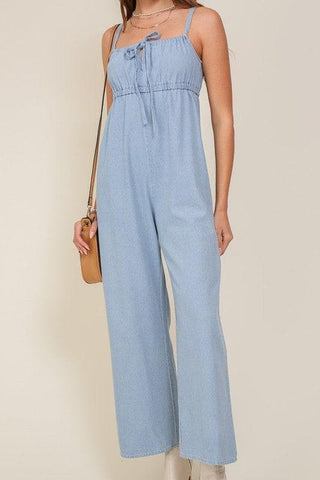 Lumiere Denim Blue Sleeveless Jumpsuit with Self Front Tie - SwagglyLife Home & Fashion