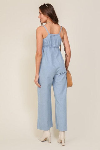 Lumiere Denim Blue Sleeveless Jumpsuit with Self Front Tie - SwagglyLife Home & Fashion