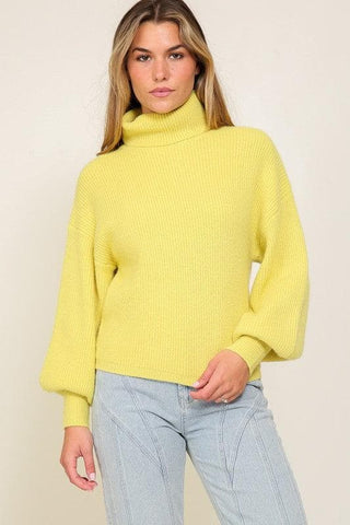 LUMIERE Rib Knitted Turtleneck Sweater with Bishop Sleeve - SwagglyLife Home & Fashion