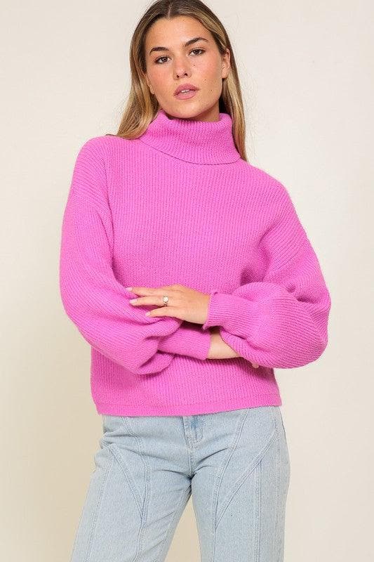 LUMIERE Rib Knitted Turtleneck Sweater with Bishop Sleeve - SwagglyLife Home & Fashion