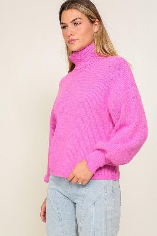 LUMIERE Rib Knitted Turtleneck Sweater with Bishop Sleeve - SwagglyLife Home & Fashion