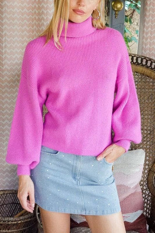 LUMIERE Rib Knitted Turtleneck Sweater with Bishop Sleeve - SwagglyLife Home & Fashion