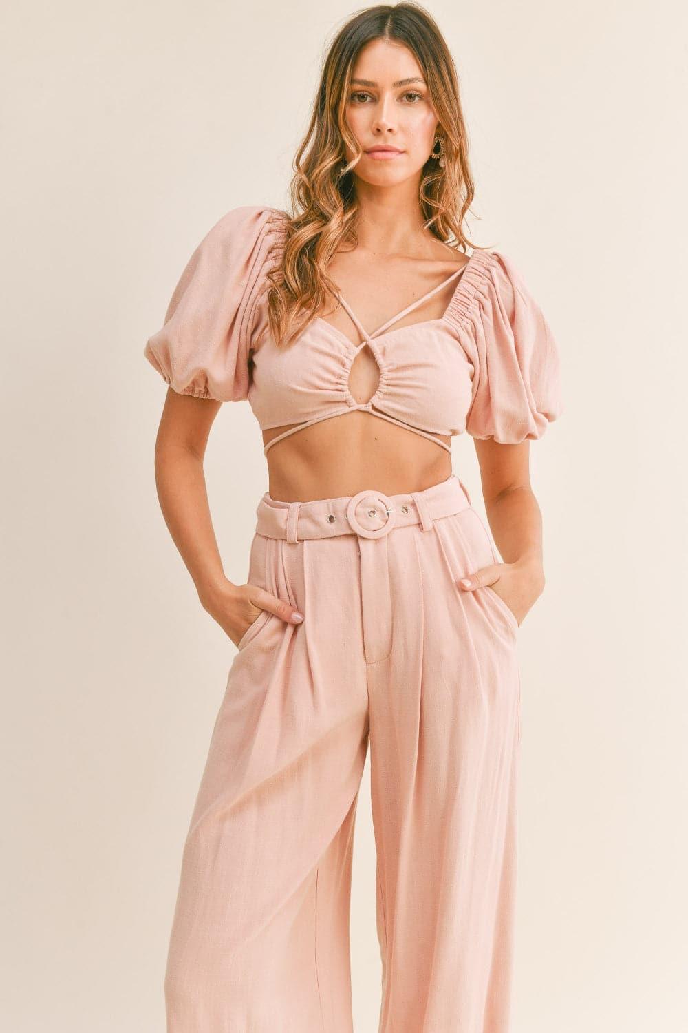 MABLE Cut Out Drawstring Crop Top and Belted Pants Set - SwagglyLife Home & Fashion