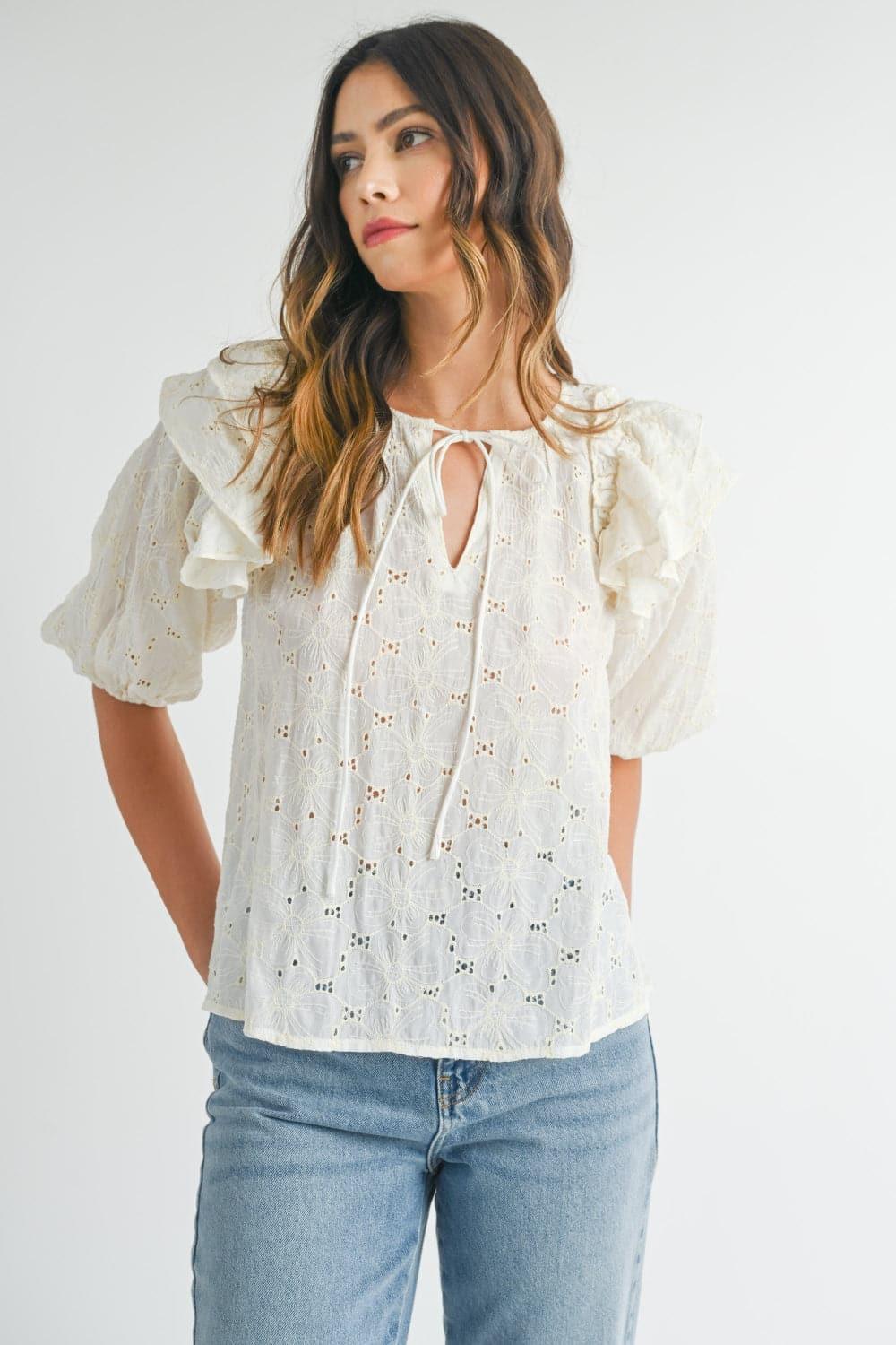 MABLE Eyelet Lace Ruffle Shoulder Puff Sleeve Blouse - SwagglyLife Home & Fashion