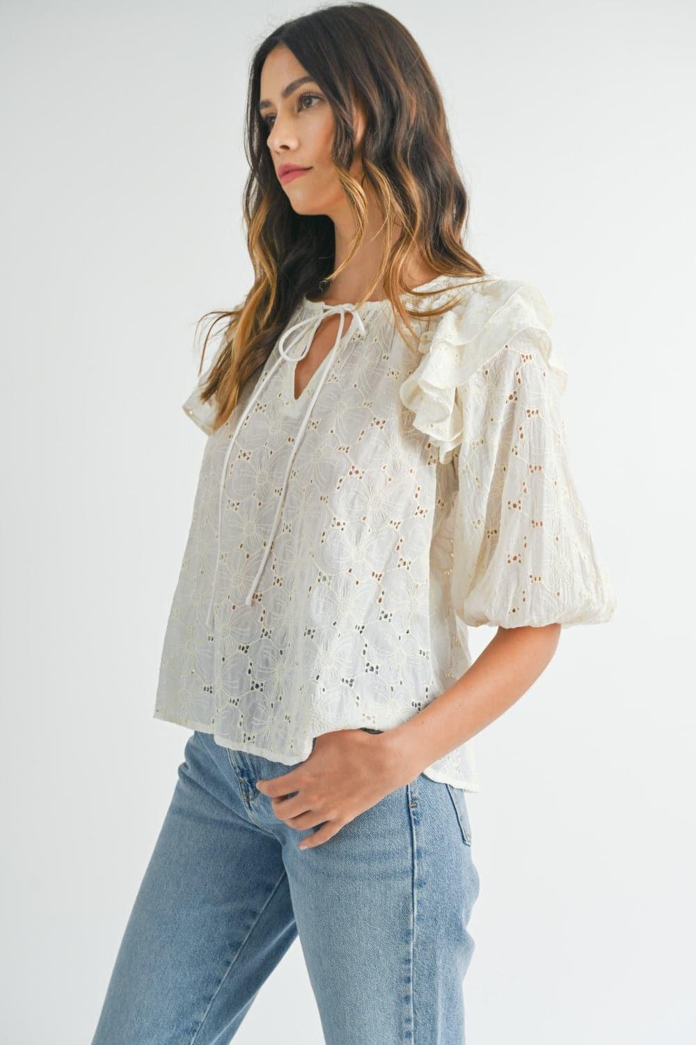 MABLE Eyelet Lace Ruffle Shoulder Puff Sleeve Blouse - SwagglyLife Home & Fashion