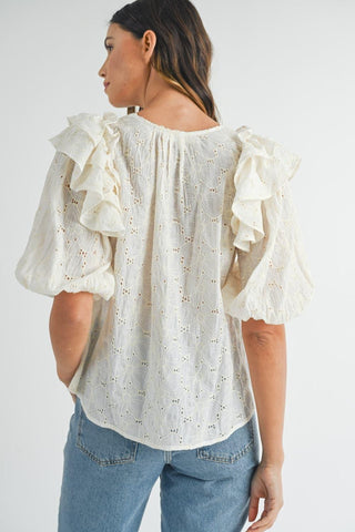 MABLE Eyelet Lace Ruffle Shoulder Puff Sleeve Blouse - SwagglyLife Home & Fashion