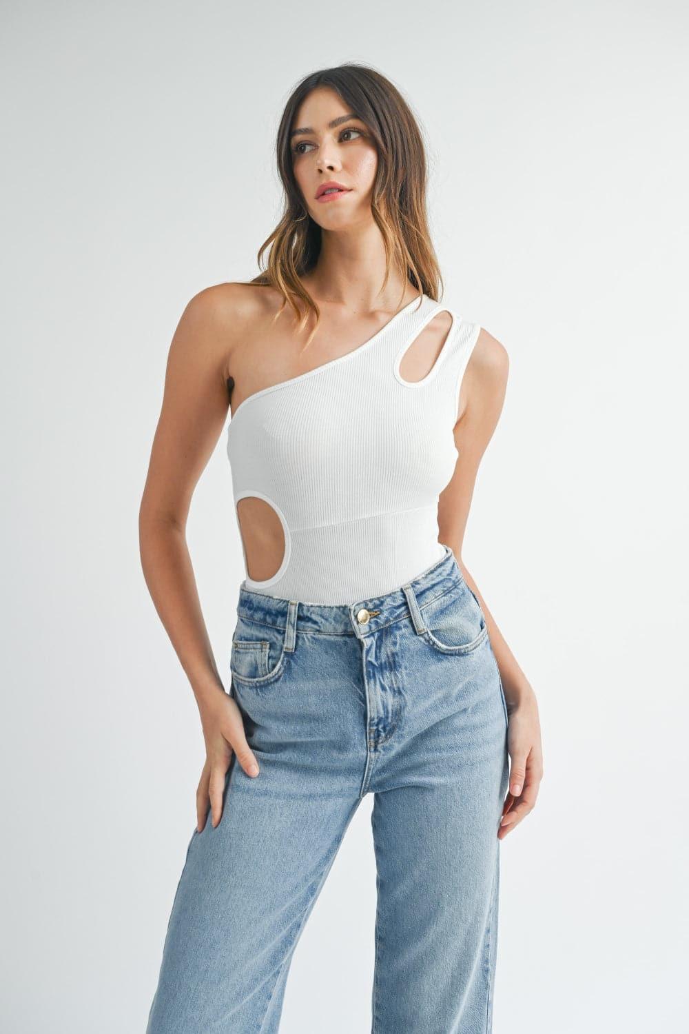 MABLE One Shoulder Ribbed Cutout Detail Bodysuit - SwagglyLife Home & Fashion