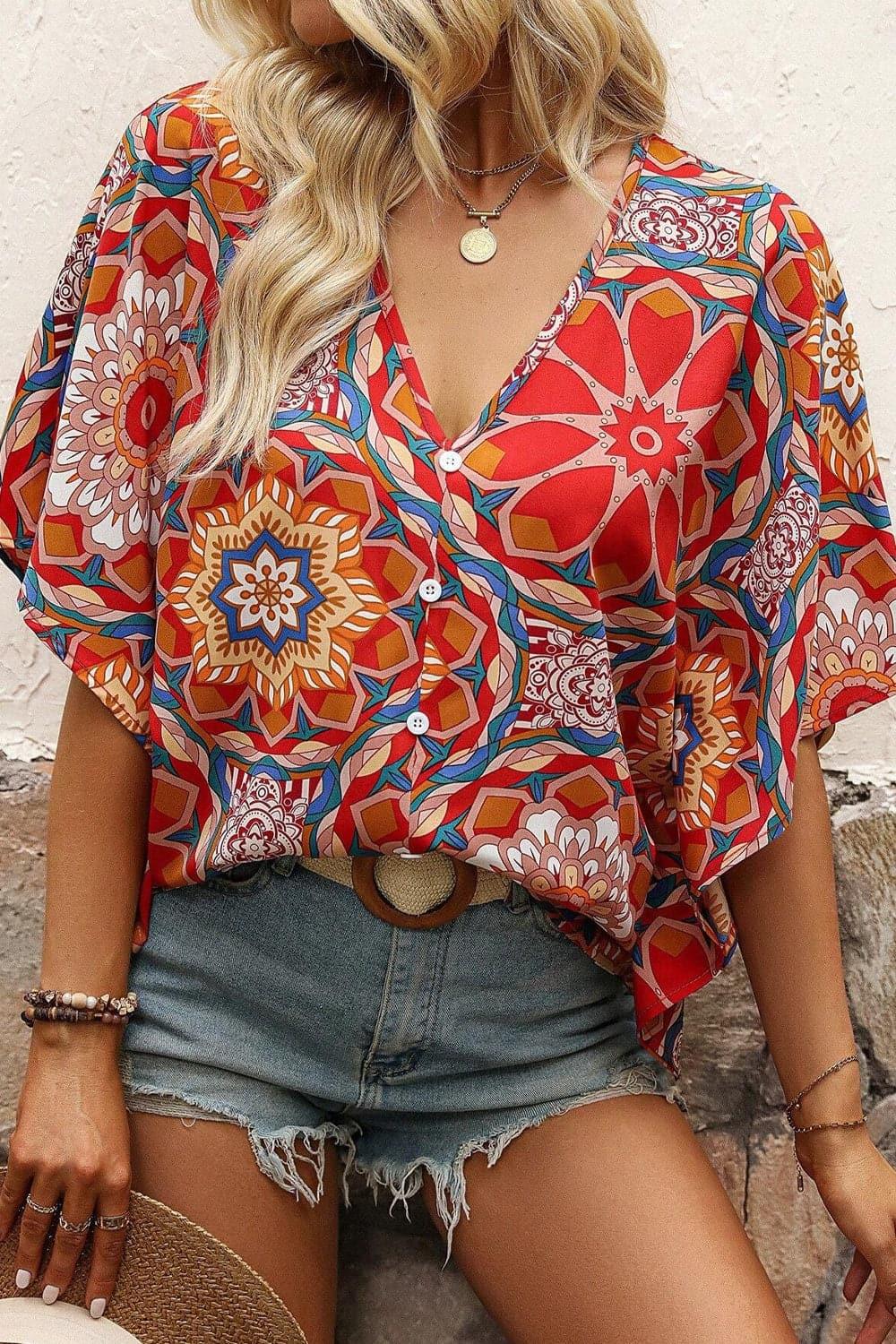 Mandy Printed V-Neck Half Sleeve Blouse - SwagglyLife Home & Fashion