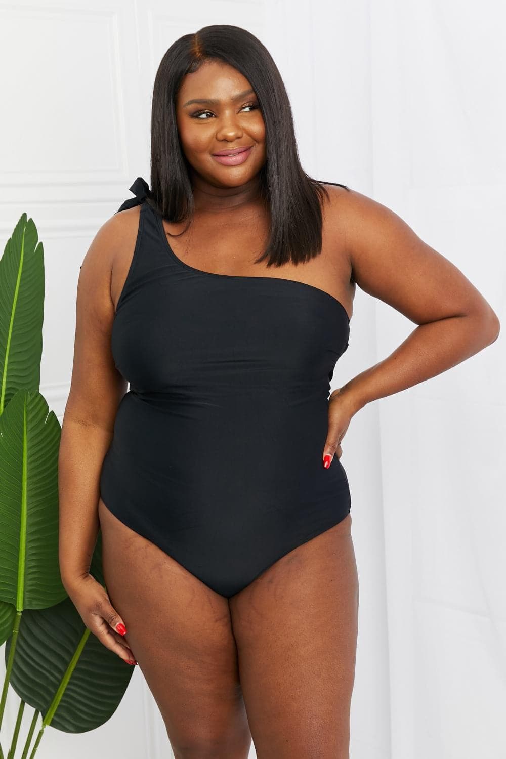 Marina West Swim Deep End One-Shoulder One-Piece Swimsuit in Black - SwagglyLife Home & Fashion