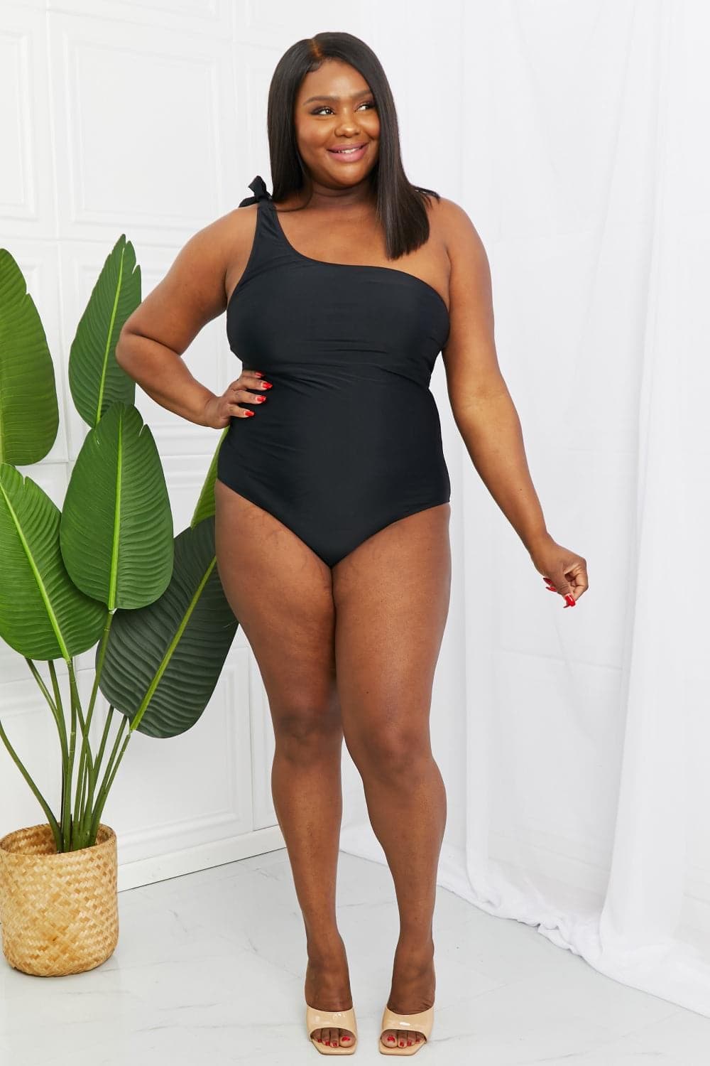 Marina West Swim Deep End One-Shoulder One-Piece Swimsuit in Black - SwagglyLife Home & Fashion