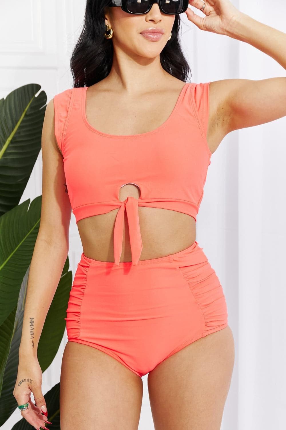 Marina West Swim Sanibel Crop Swim Top and Ruched Bottoms Set in Coral - SwagglyLife Home & Fashion