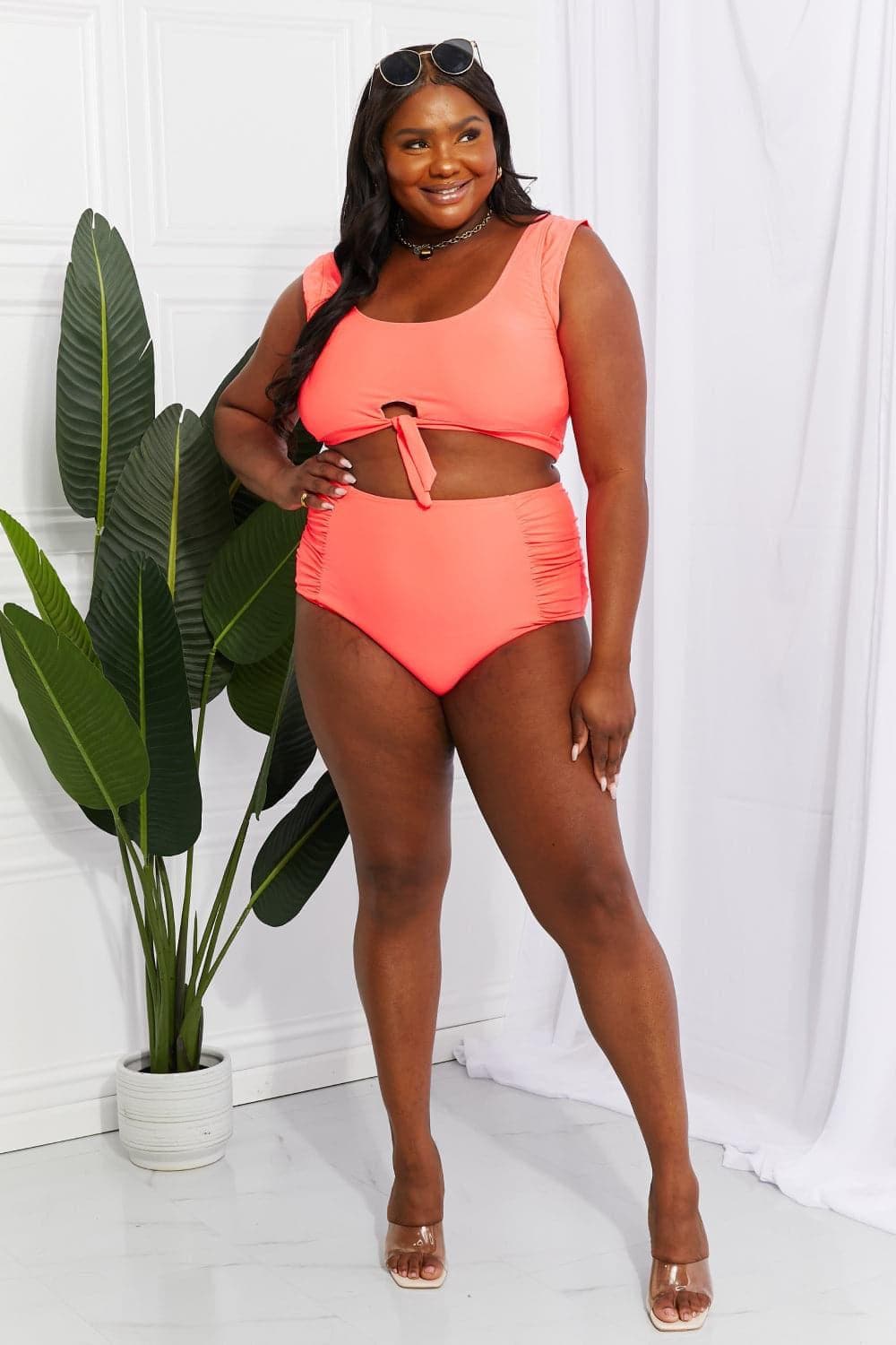 Marina West Swim Sanibel Crop Swim Top and Ruched Bottoms Set in Coral - SwagglyLife Home & Fashion