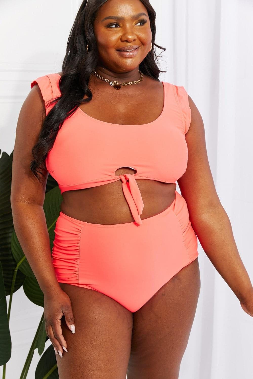 Marina West Swim Sanibel Crop Swim Top and Ruched Bottoms Set in Coral - SwagglyLife Home & Fashion