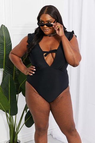 Marina West Swim Seashell Ruffle Sleeve One-Piece in Black - SwagglyLife Home & Fashion