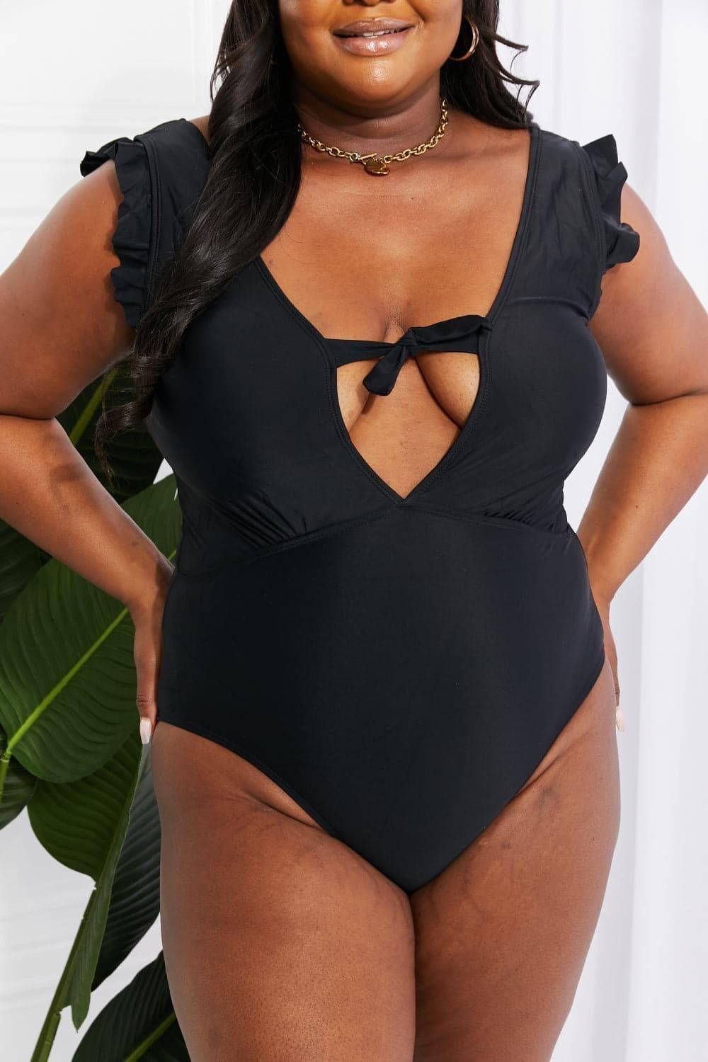 Marina West Swim Seashell Ruffle Sleeve One-Piece in Black - SwagglyLife Home & Fashion