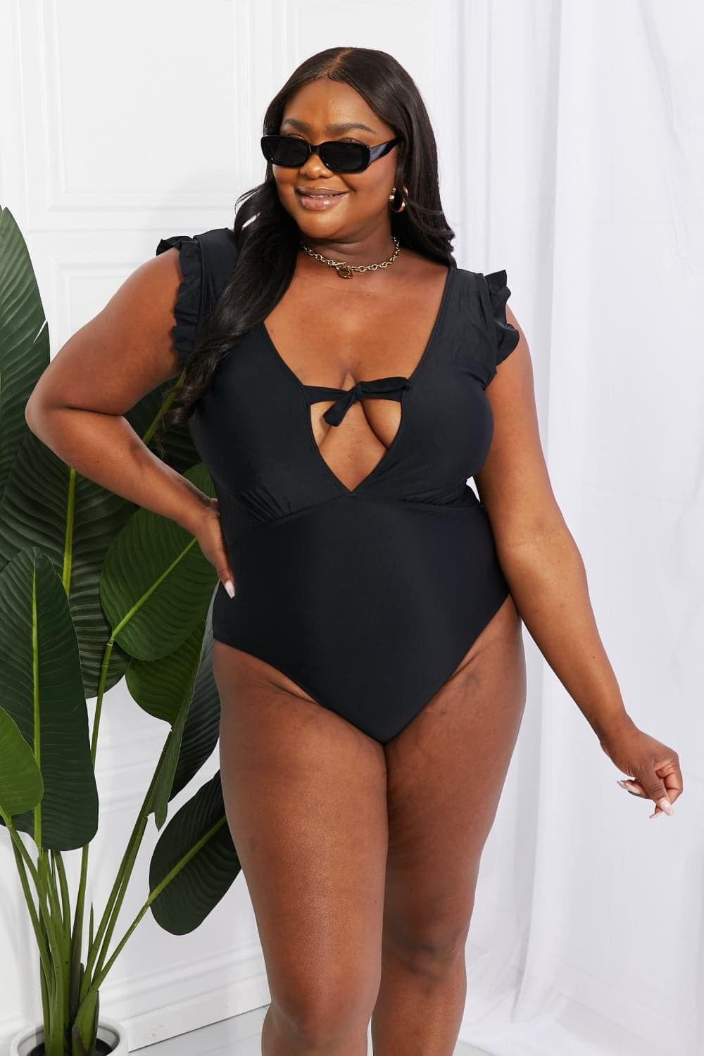 Marina West Swim Seashell Ruffle Sleeve One-Piece in Black - SwagglyLife Home & Fashion