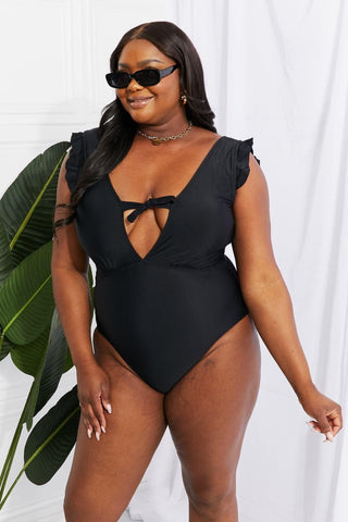 Marina West Swim Seashell Ruffle Sleeve One-Piece in Black - SwagglyLife Home & Fashion