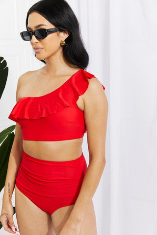 Marina West Swim Seaside Romance Ruffle One-Shoulder Bikini in Red - SwagglyLife Home & Fashion