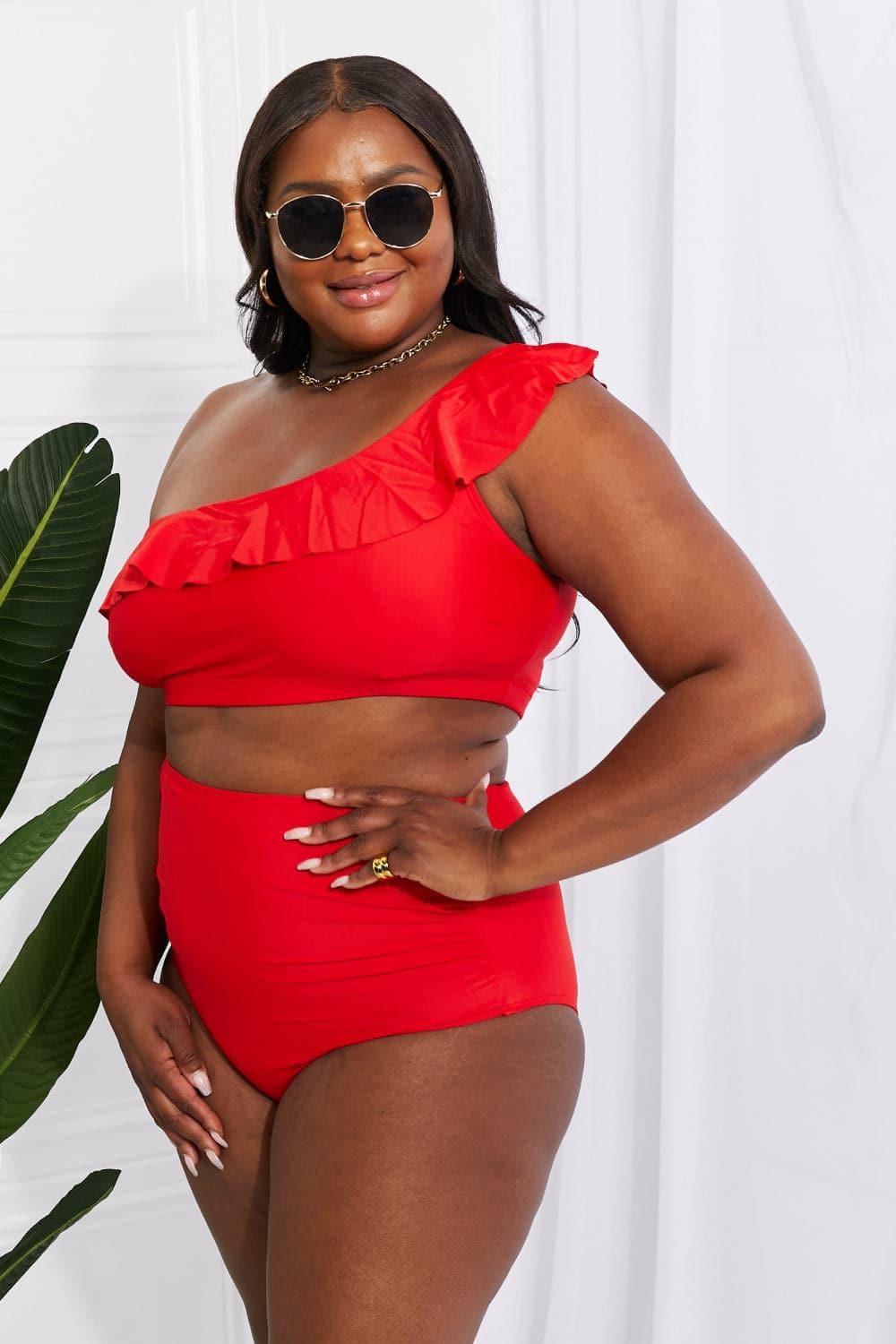 Marina West Swim Seaside Romance Ruffle One-Shoulder Bikini in Red - SwagglyLife Home & Fashion