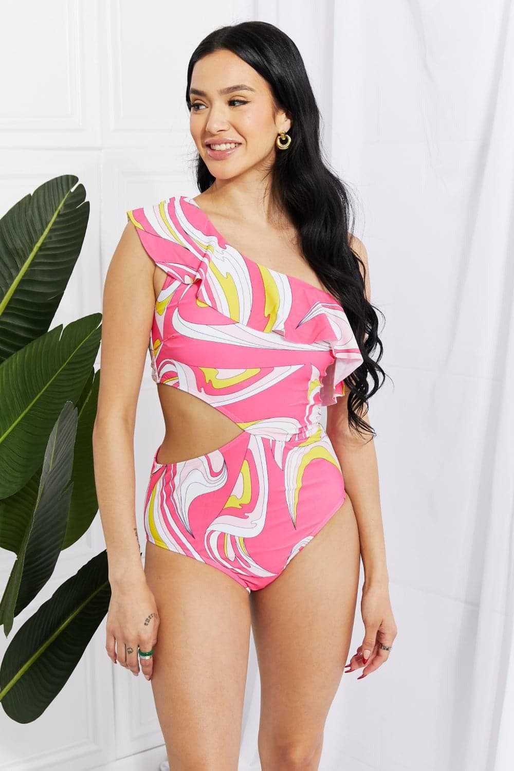 Marina West Swim Vitamin C Asymmetric Cutout Ruffle Swimsuit in Pink - SwagglyLife Home & Fashion
