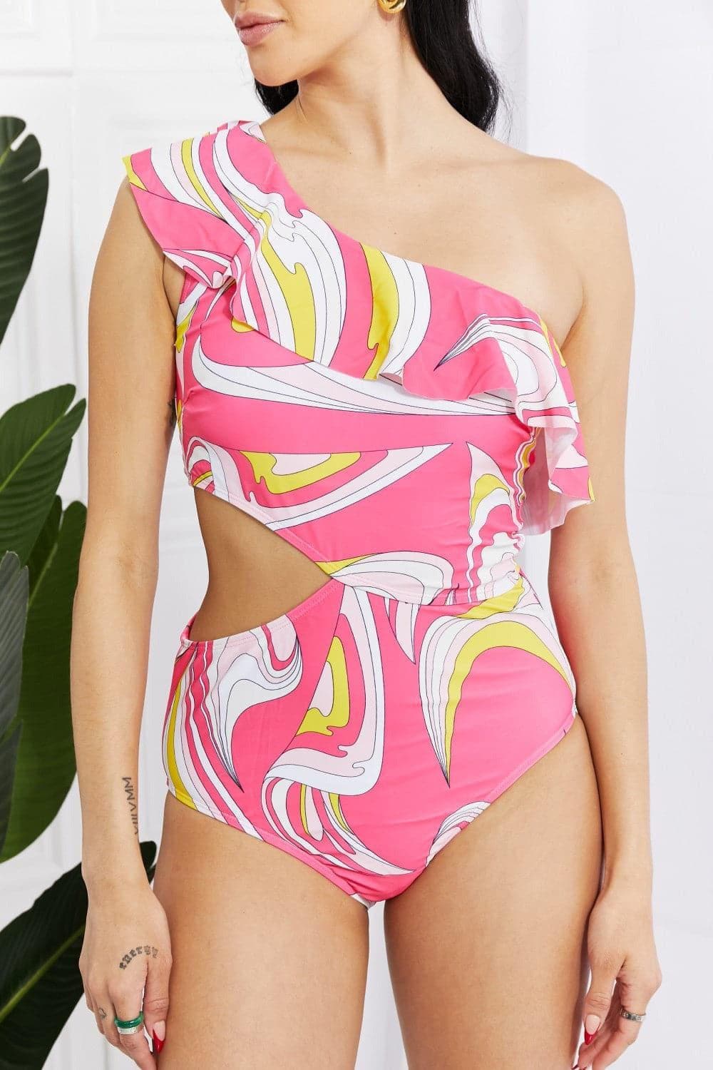 Marina West Swim Vitamin C Asymmetric Cutout Ruffle Swimsuit in Pink - SwagglyLife Home & Fashion