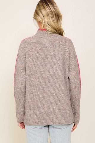 Marled Brown Raglan Sleeve Funnel Neck Sweater - SwagglyLife Home & Fashion