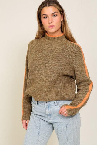 Marled Brown Raglan Sleeve Funnel Neck Sweater - SwagglyLife Home & Fashion