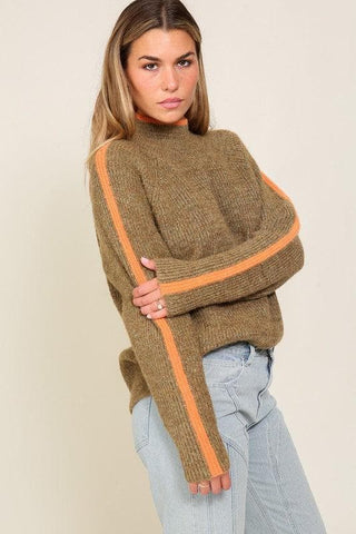 Marled Brown Raglan Sleeve Funnel Neck Sweater - SwagglyLife Home & Fashion