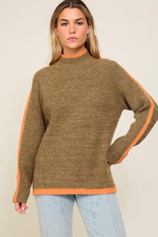 Marled Brown Raglan Sleeve Funnel Neck Sweater - SwagglyLife Home & Fashion