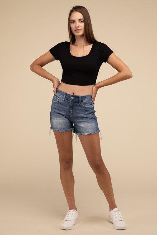 Mid Rise Raw Frayed Hem Denim Shorts - SwagglyLife Home & Fashion