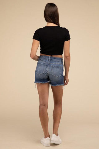 Mid Rise Raw Frayed Hem Denim Shorts - SwagglyLife Home & Fashion