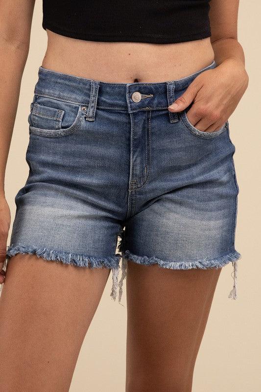 Mid Rise Raw Frayed Hem Denim Shorts - SwagglyLife Home & Fashion