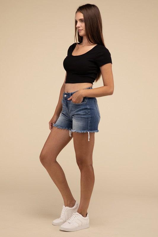 Mid Rise Raw Frayed Hem Denim Shorts - SwagglyLife Home & Fashion